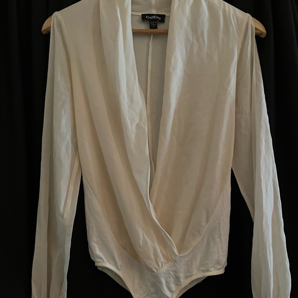 Bebe Cream Draped Long-Sleeve Bodysuit with Cold Shoulders